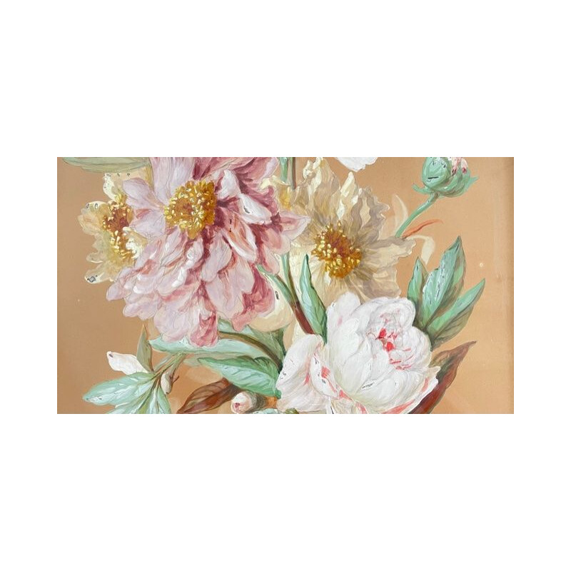 Vintage painting of peony bouquet with butterflies