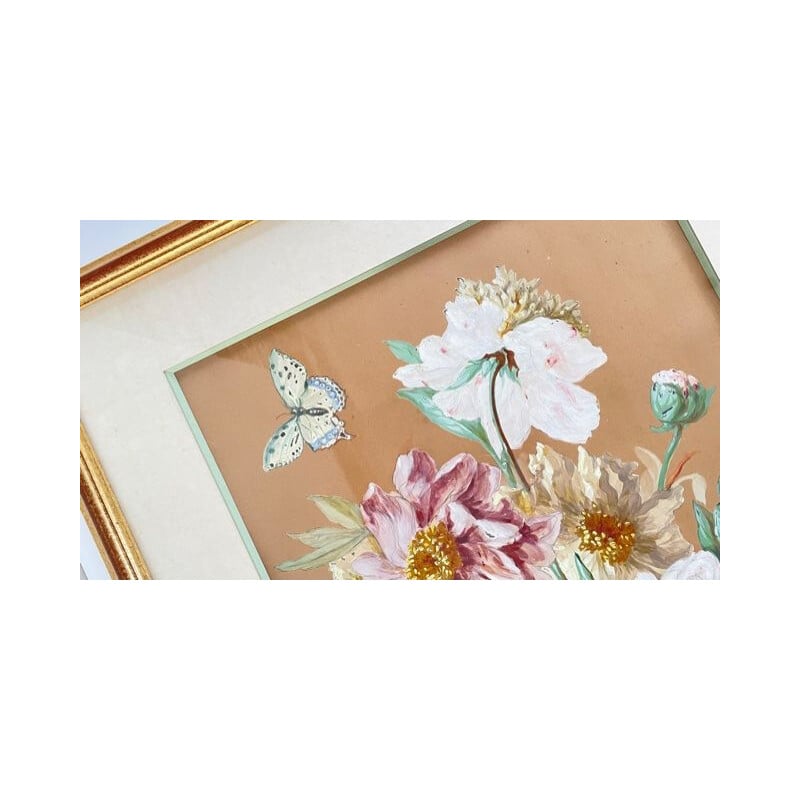 Peinture vintage de bouquet de pivoines aux papillons
