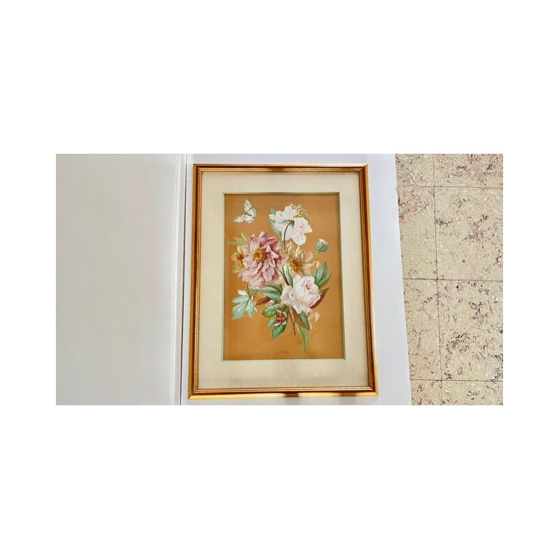Vintage painting of peony bouquet with butterflies