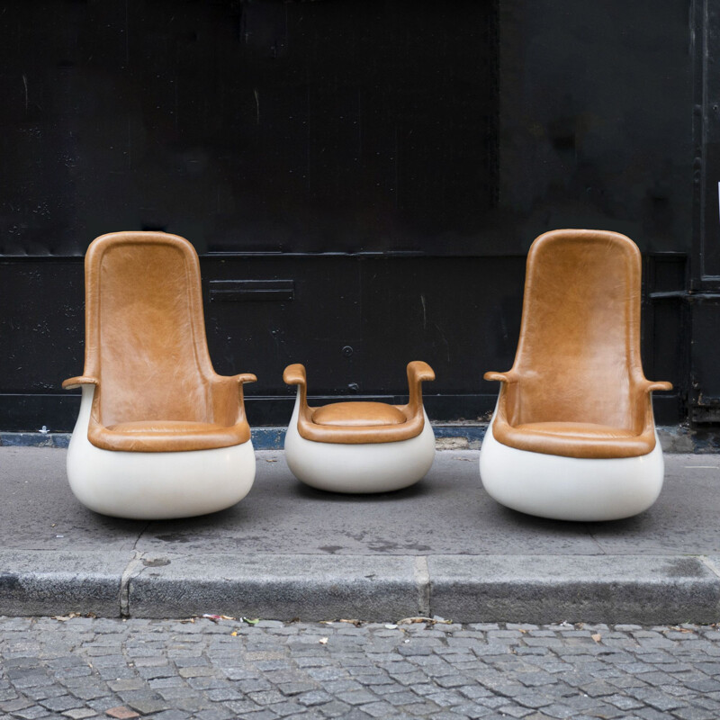 Pair of vintage Culbuto armchairs with ottoman by Marc Held for Knoll, 1970