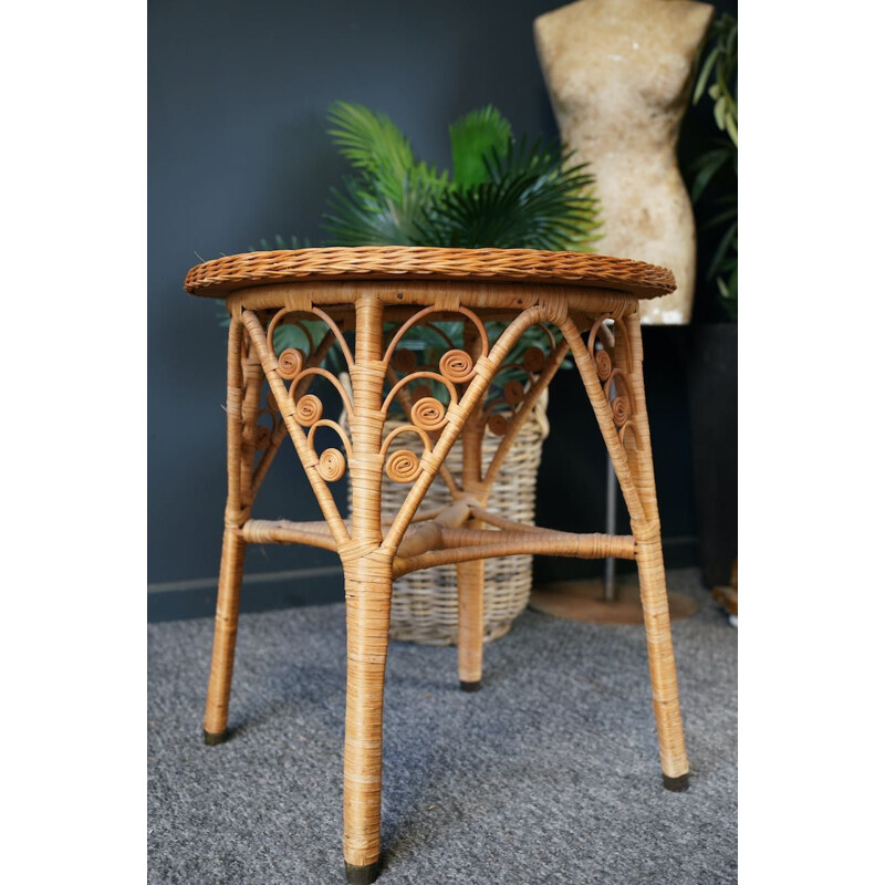 Mid century round rattan wicker side conservatory table, 1960s