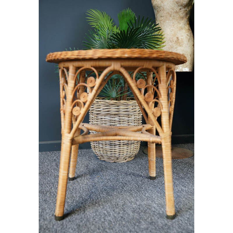 Mid century round rattan wicker side conservatory table, 1960s