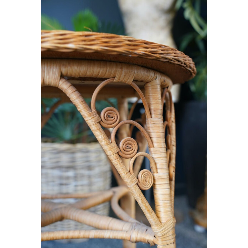 Mid century round rattan wicker side conservatory table, 1960s