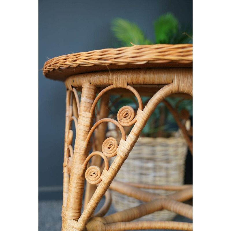 Mid century round rattan wicker side conservatory table, 1960s