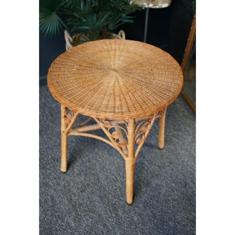 Mid century round rattan wicker side conservatory table, 1960s