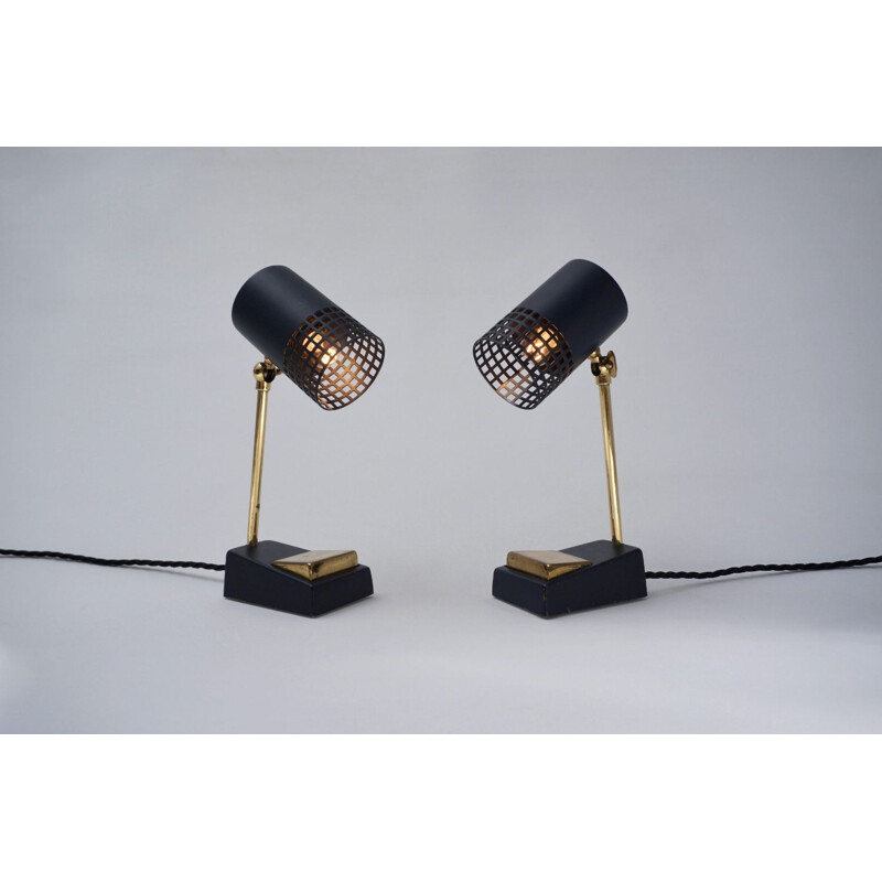Pair of vintage Italian table lamps in brass & black metal, 1950s