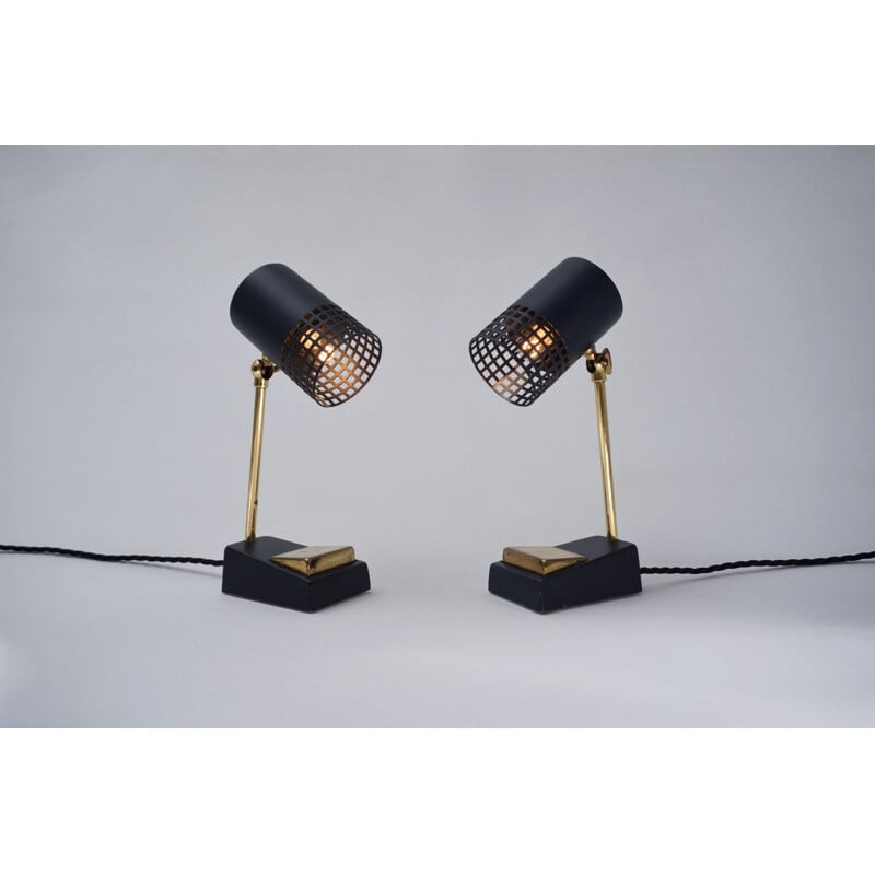 Paire de lampes de table italiennes vintage en laiton et métal noir, 1950