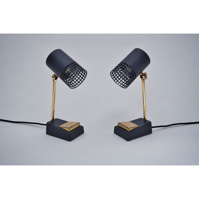 Pair of vintage Italian table lamps in brass & black metal, 1950s