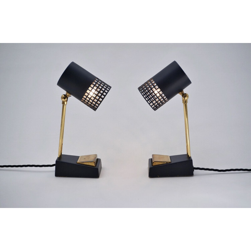 Pair of vintage Italian table lamps in brass & black metal, 1950s