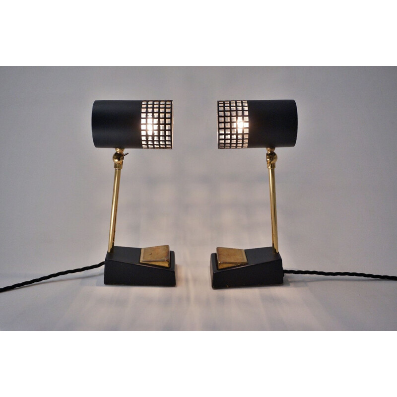 Pair of vintage Italian table lamps in brass & black metal, 1950s