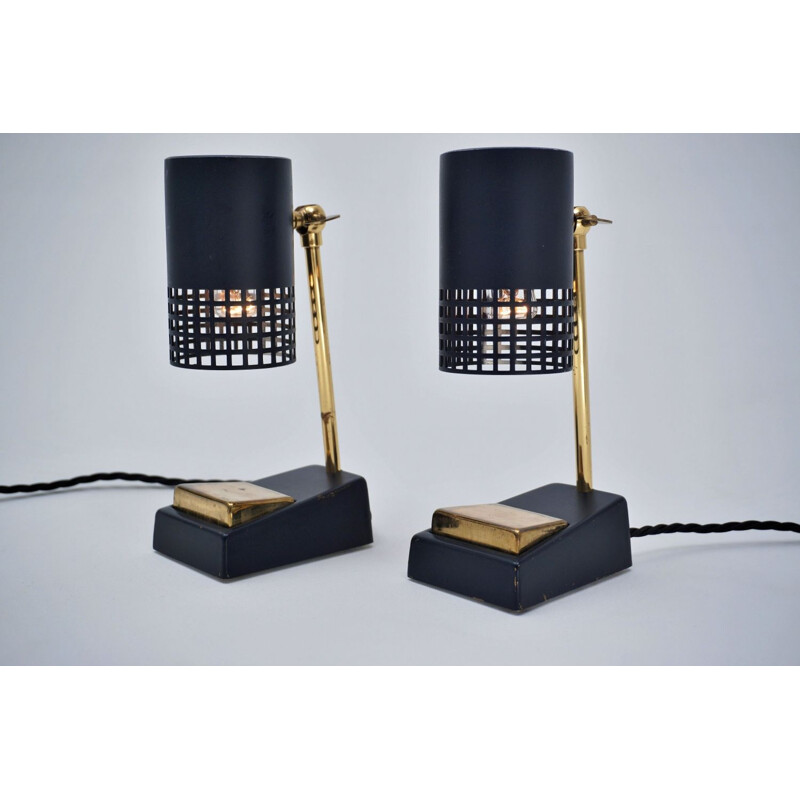 Pair of vintage Italian table lamps in brass & black metal, 1950s