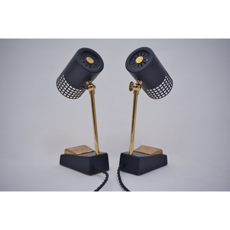 Pair of vintage Italian table lamps in brass & black metal, 1950s