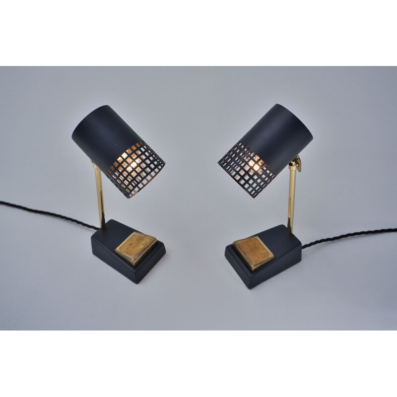 Pair of vintage Italian table lamps in brass & black metal, 1950s