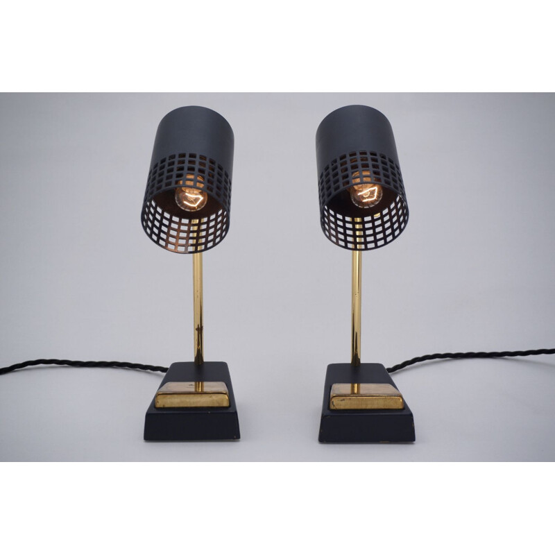 Pair of vintage Italian table lamps in brass & black metal, 1950s