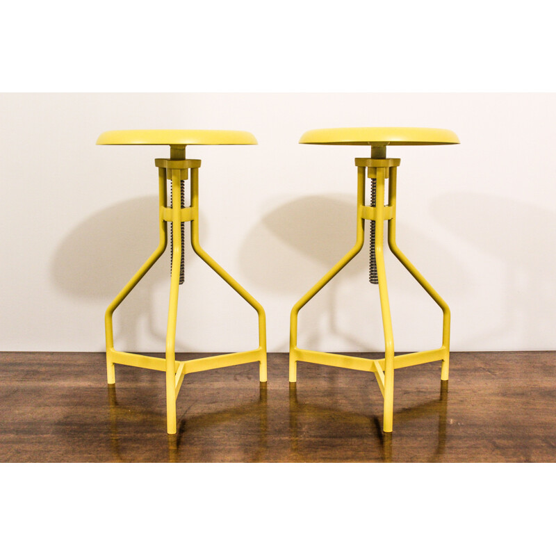 Pair of vintage stools in yellow lacquered metal, Italy 1970