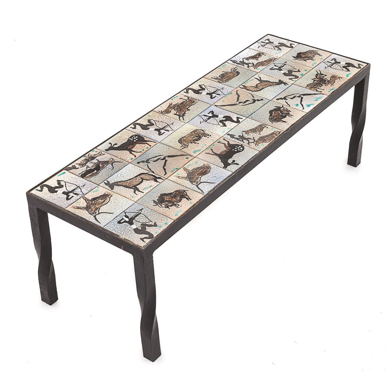 Brutalistischer Vintage-Tisch mit Zementfliesen und schmiedeeisernen Beinen von Sensée