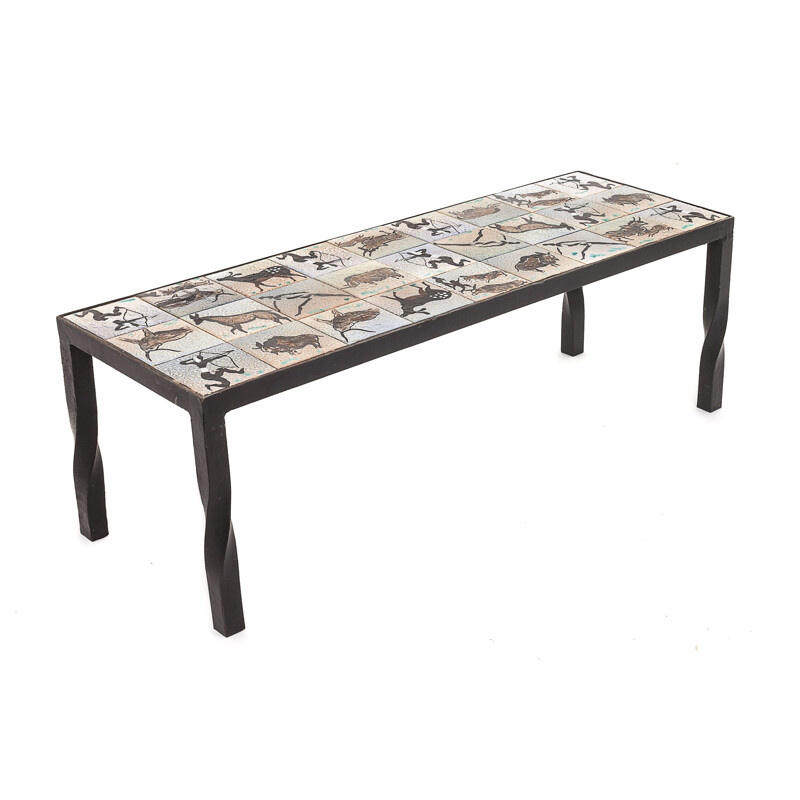 Table vintage brutaliste carreaux de ciment avec piètement en fer forgé par Sensée