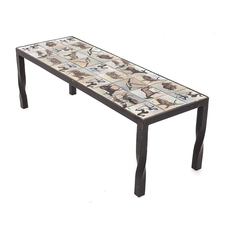 Mesa de azulejos de cimento brutalista Vintage com base de ferro forjado por Sensée