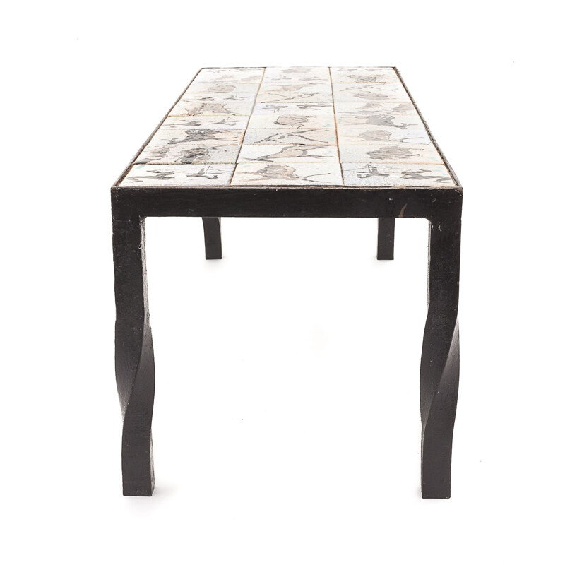 Vintage brutalist cement tile table with wrought iron base by Sensée
