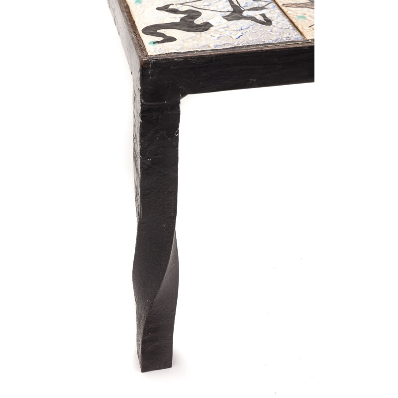 Vintage brutalist cement tile table with wrought iron base by Sensée