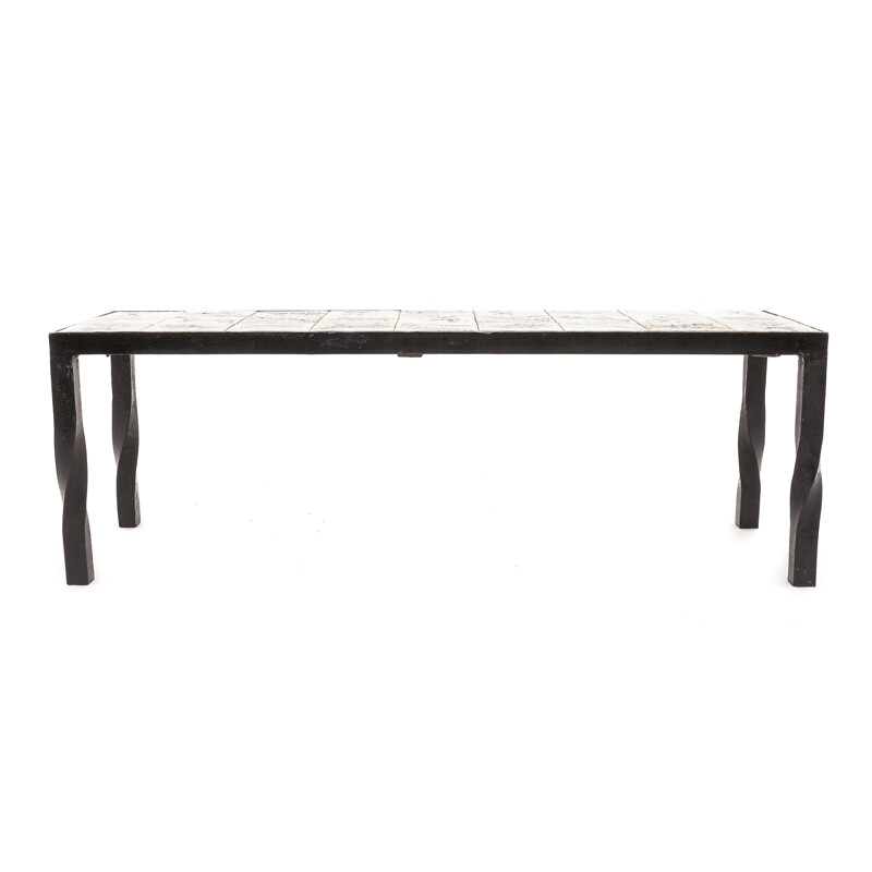 Table vintage brutaliste carreaux de ciment avec piètement en fer forgé par Sensée
