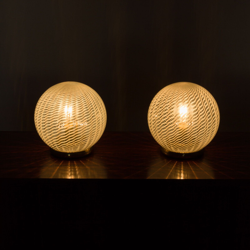 Paar vintage Tessuto tafellampen in Murano glas van Vetri Venini, 1970