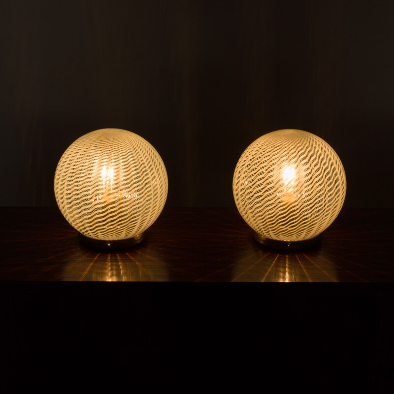 Pair of vintage Tessuto table lamps with Murano glass by Vetri Venini, 1970s