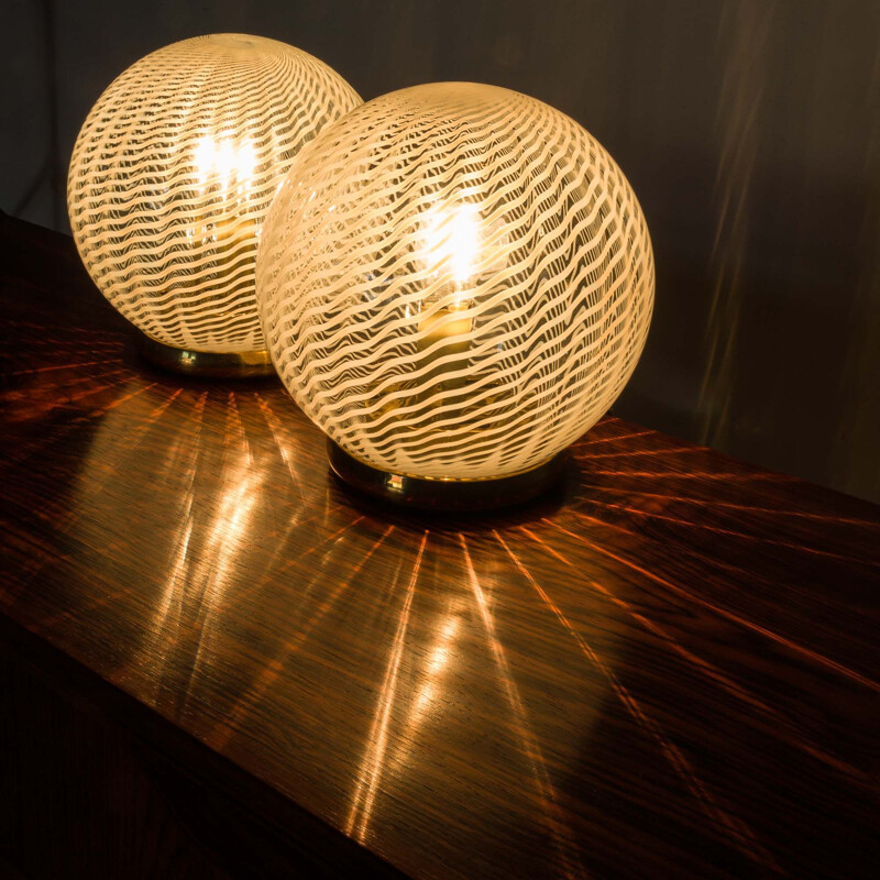 Pair of vintage Tessuto table lamps with Murano glass by Vetri Venini, 1970s