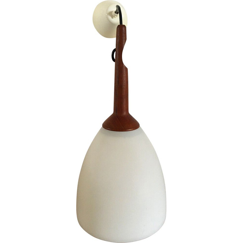 Scandinavian vintage teak and opaline pendant lamp by Uno and Osten Kristiansson, 1960