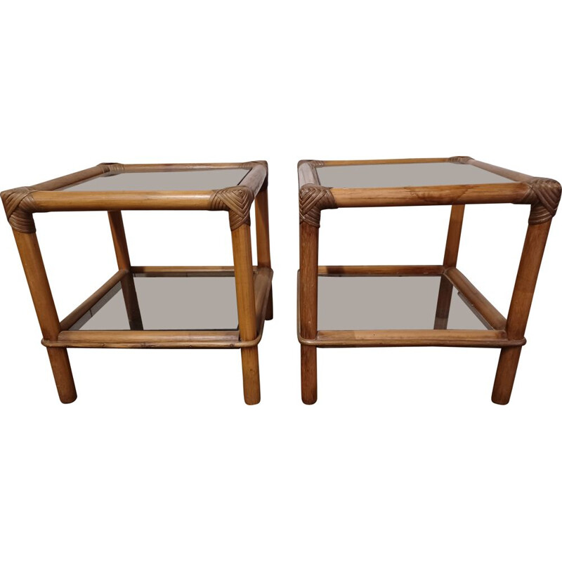 Pair of vintage coffee tables in bamboo and smoked glass