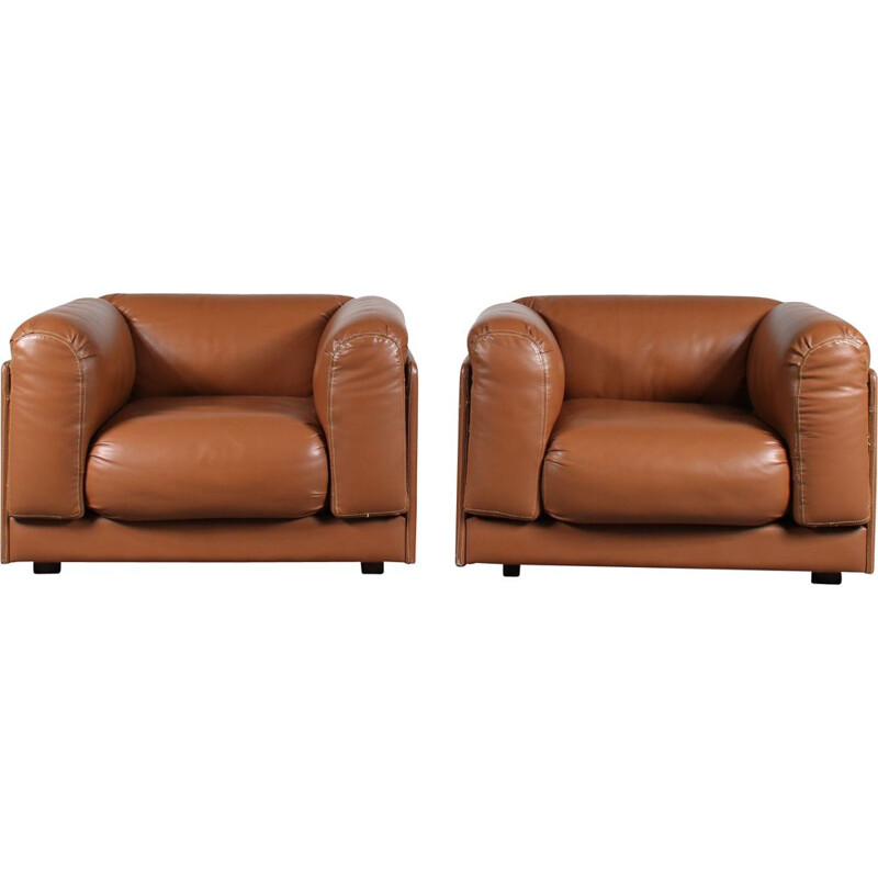 Pair of vintage cognac leather heavy armchairs, Italy 1970s