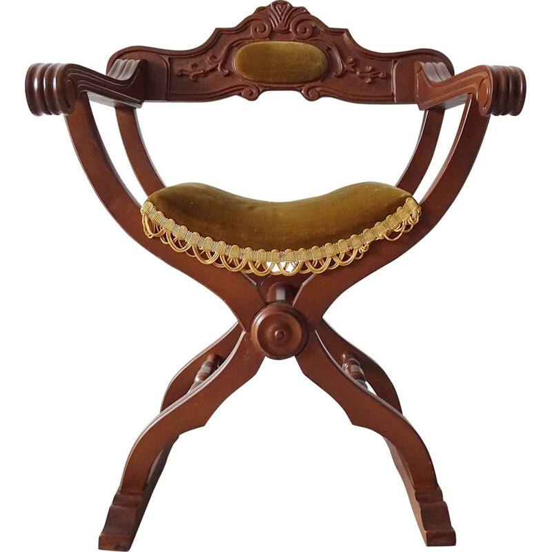 Mid century Savanarola walnut chair made of wood with green upholstery, 1960-1970s