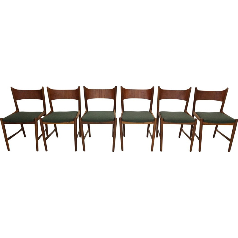 Set of 6 Scandinavian vintage dinning chairs in teak & green wool, Denmark 1960s