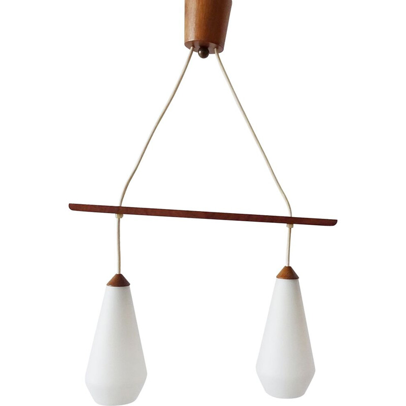 Suspension scandinave vintage en teck avec verre opale, 1960