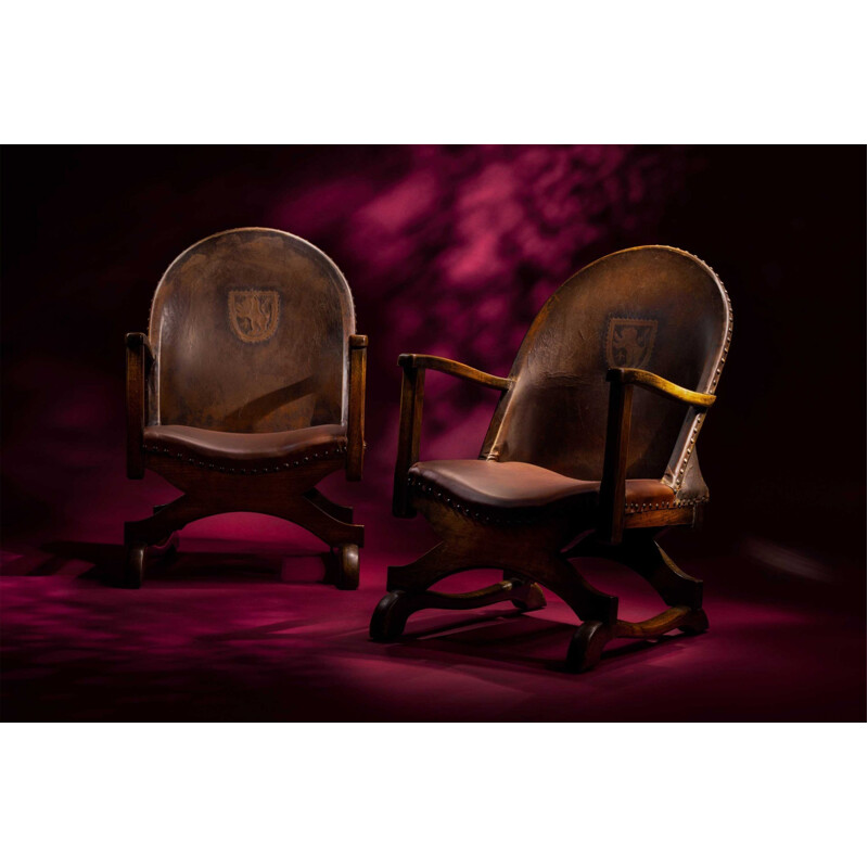 Pair of vintage Spanish Heraldic armchairs