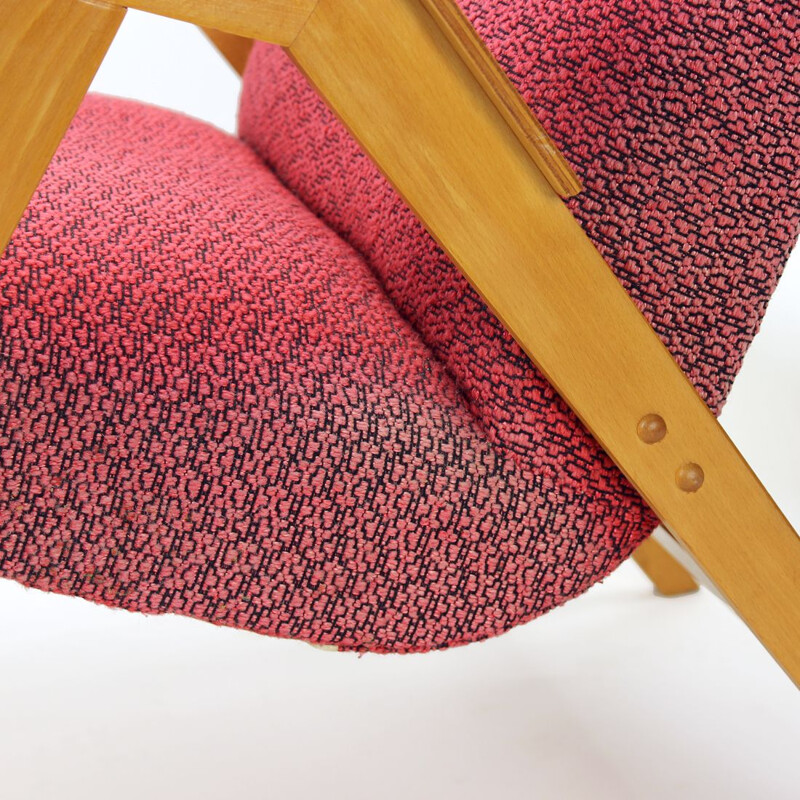 Mid century armchair in pink fabric & oakwood by Tatra, Czechoslovakia 1960s