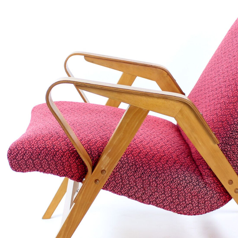 Mid century armchair in pink fabric & oakwood by Tatra, Czechoslovakia 1960s