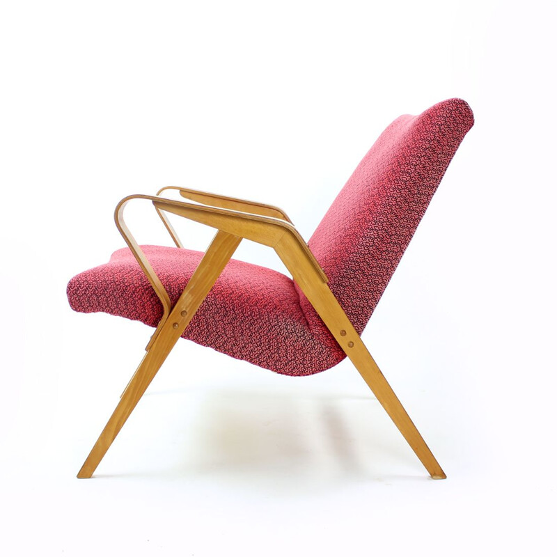 Mid century armchair in pink fabric & oakwood by Tatra, Czechoslovakia 1960s