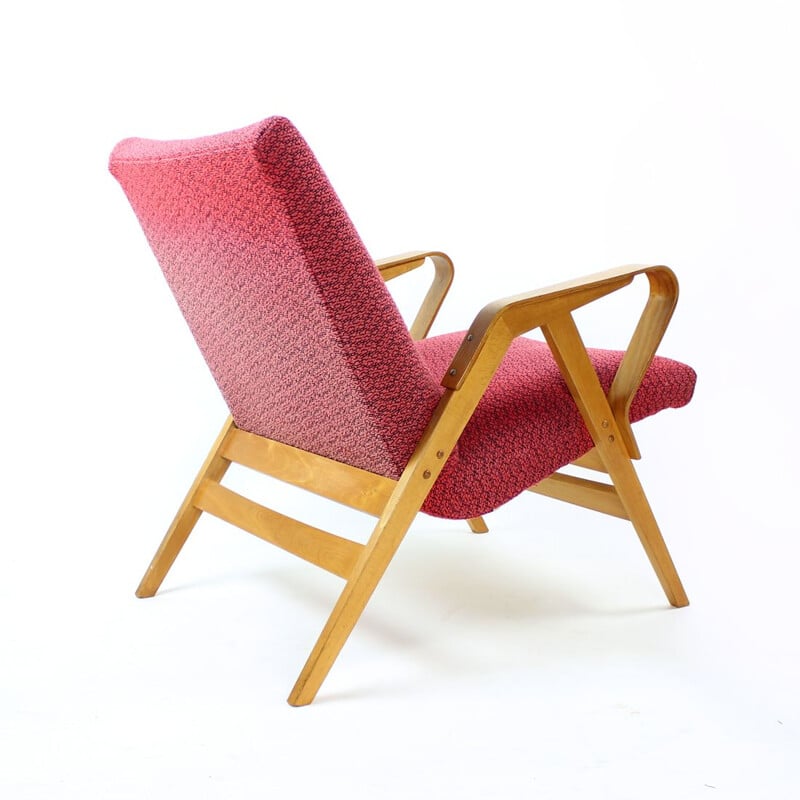 Mid century armchair in pink fabric & oakwood by Tatra, Czechoslovakia 1960s