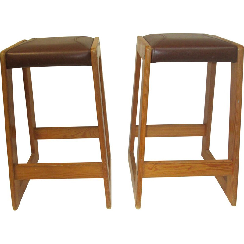 Pair of vintage pine and leatherette stools