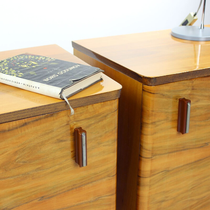 Pair of vintage Art Deco night stands in walnut veneer, Czechoslovakia 1950s