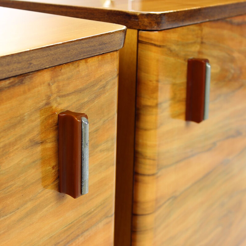 Pair of vintage Art Deco night stands in walnut veneer, Czechoslovakia 1950s