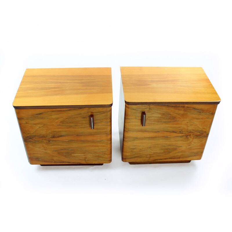 Pair of vintage Art Deco night stands in walnut veneer, Czechoslovakia 1950s