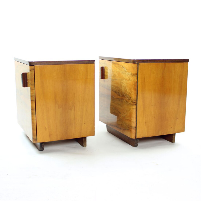 Pair of vintage Art Deco night stands in walnut veneer, Czechoslovakia 1950s