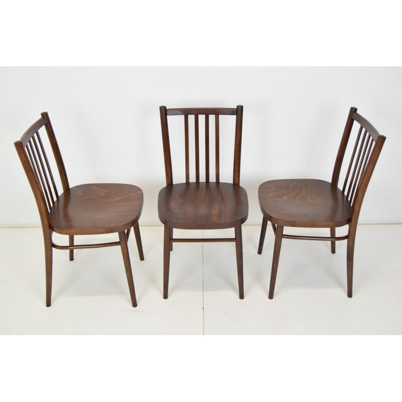 Juego de 3 sillas de madera vintage de Ton, Checoslovaquia 1960