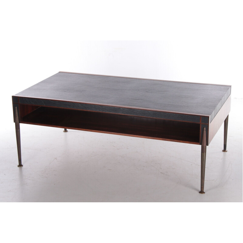 Mid-century coffee table upholstered in leather and bronze legs, 1960