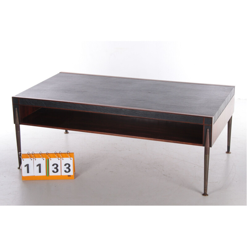Mid-century coffee table upholstered in leather and bronze legs, 1960