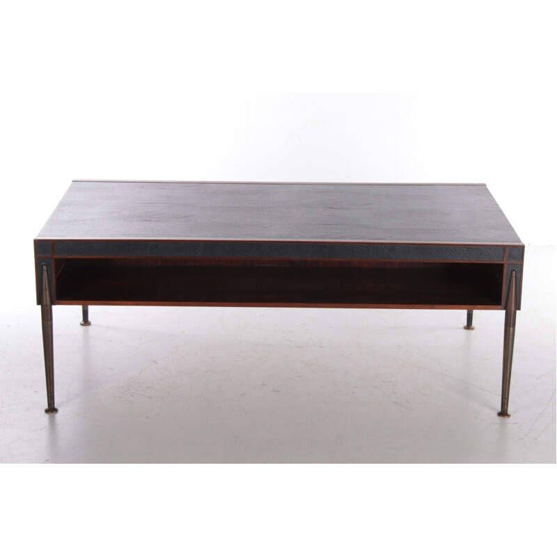 Mid-century coffee table upholstered in leather and bronze legs, 1960