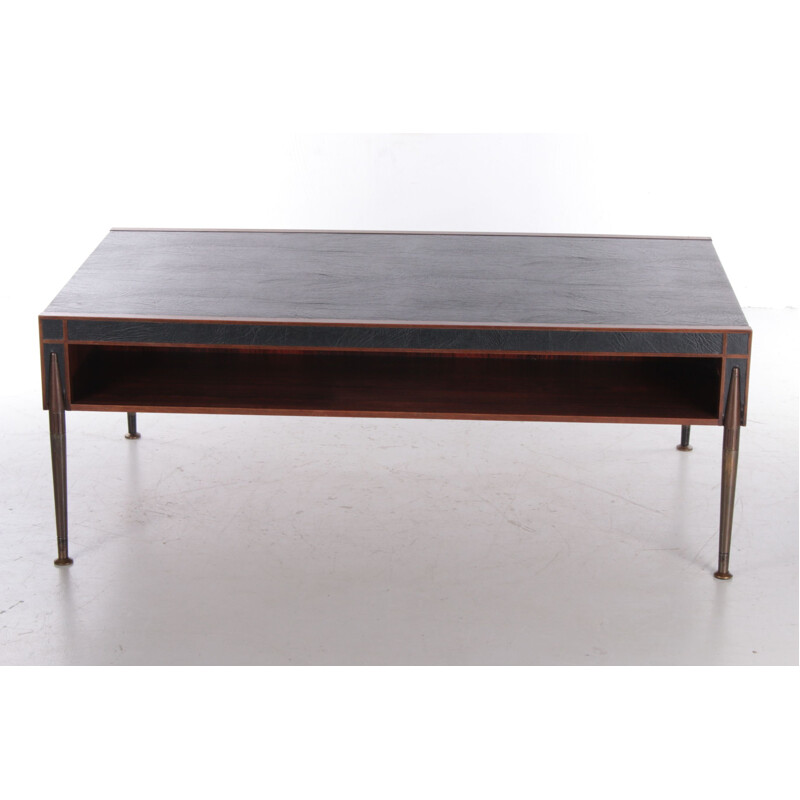Mid-century coffee table upholstered in leather and bronze legs, 1960