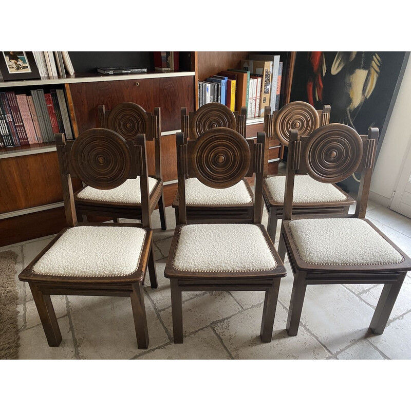 Ensemble de 6 chaises Art Déco vintage en chêne et tissu bouclette, 1930 